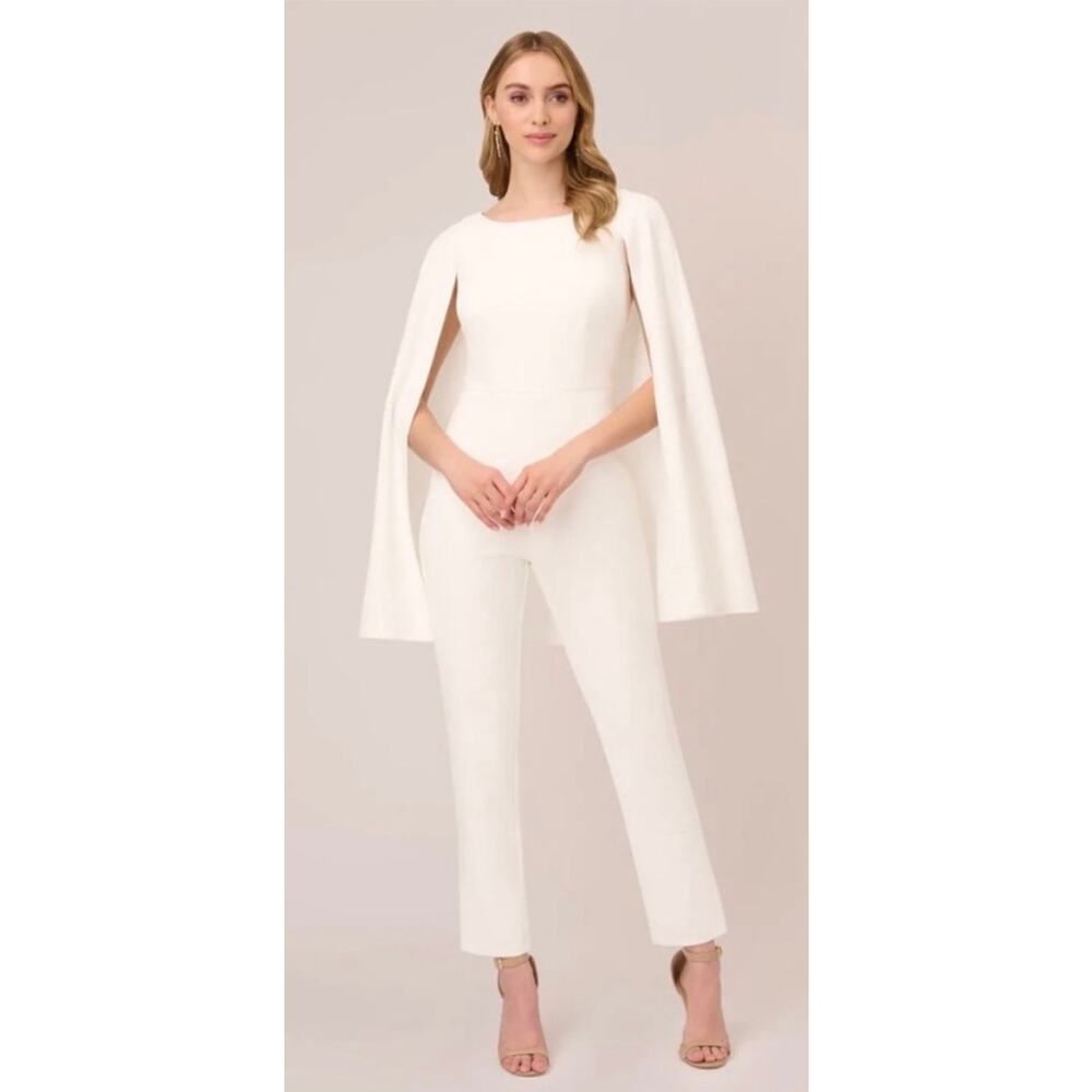 Adrianna Papell Women's Knit Crepe Cape Jumpsuit Ivory Cream Romper One Piece 16